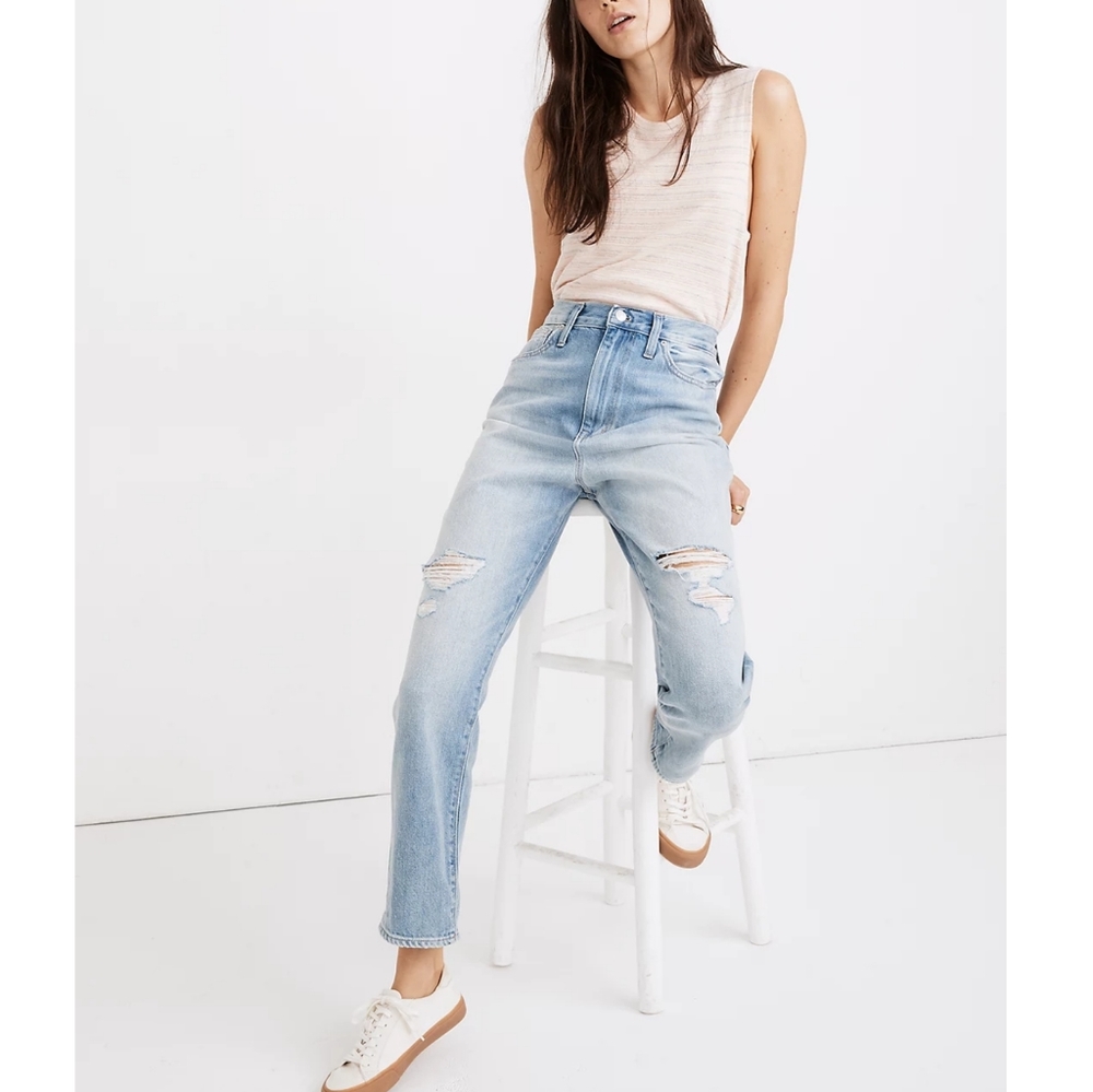 MADEWELL The Mom Jean Light Wash Distressed High Rise Straight Relaxed Leg Jeans